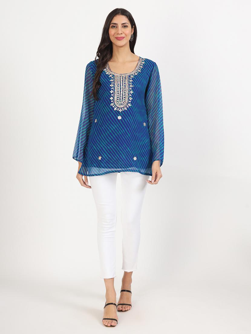 blue leheriya printed straight kurti - 21137859 -  Zoom Image - 0
