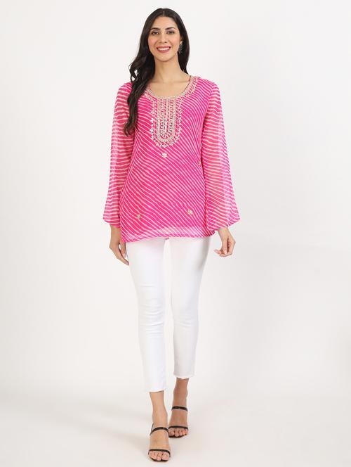 pink leheriya printed straight kurti - 21137860 -  Standard Image - 0