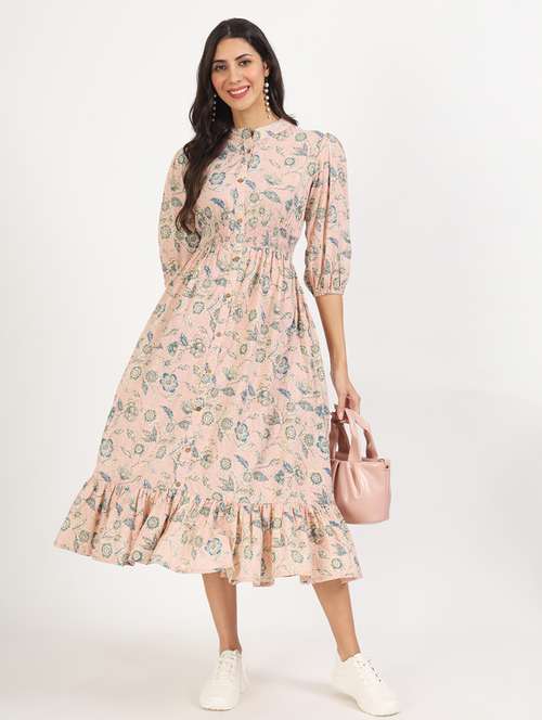 women beige florals printed fit & flare dress - 21137909 -  Standard Image - 0