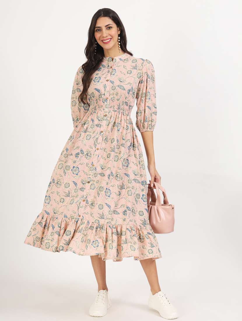 women beige florals printed fit & flare dress