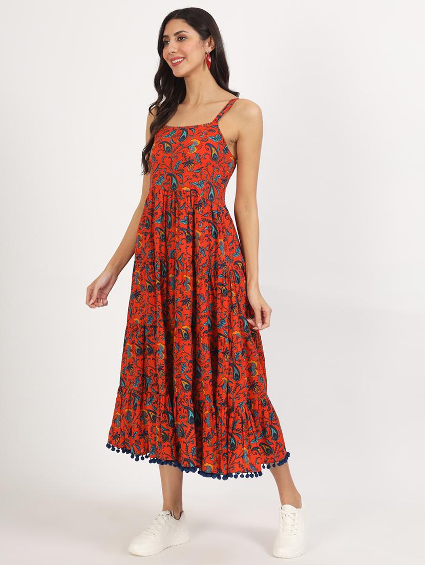 women red paisley printed tiered dress - 21137910 - Zoom Image - 0