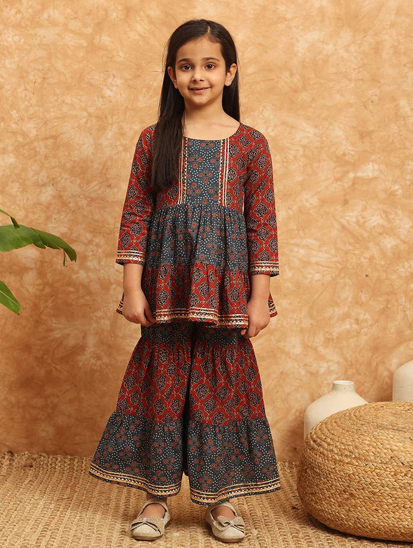 girls printed kurta sharara suit set