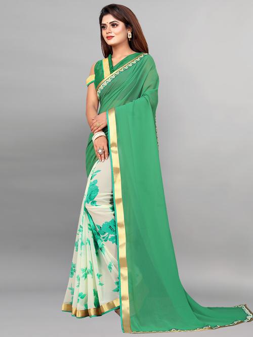 women green printed lace work saree with blouse - 21138689 - Standard Image - 0