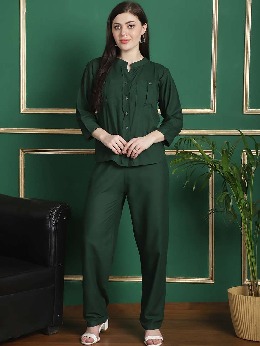 women bottle green solids co-ords set