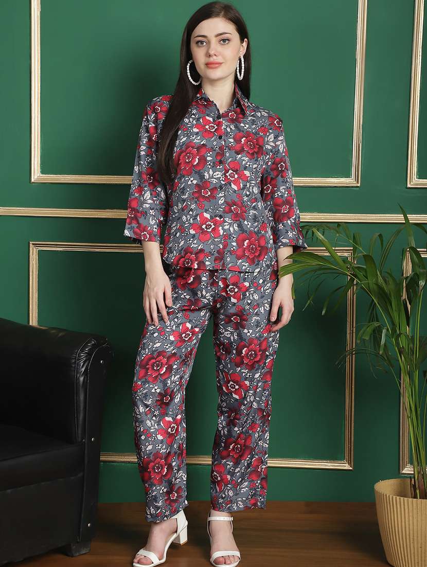 women grey florals printed co-ords set