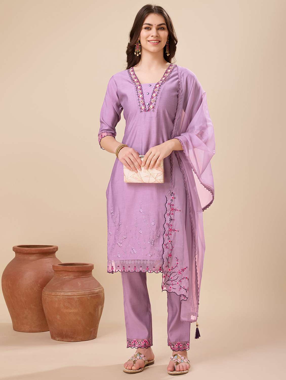 women three quarter sleeve kurta pant with dupatta set