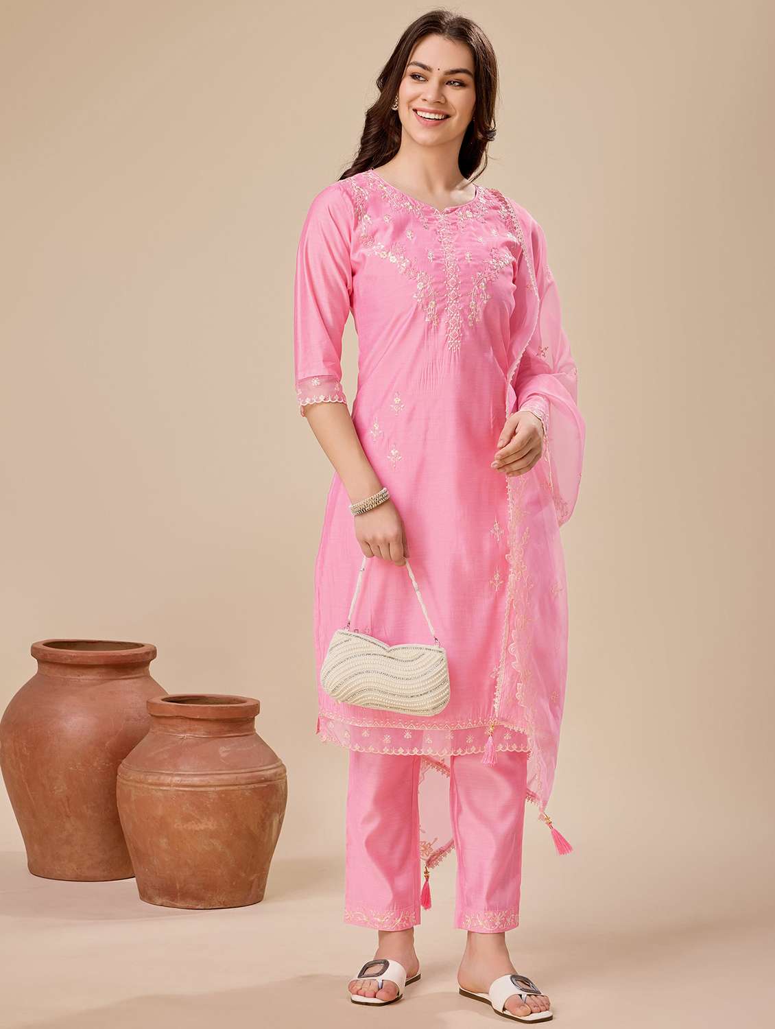 women three quarter sleeve kurta pant with dupatta set