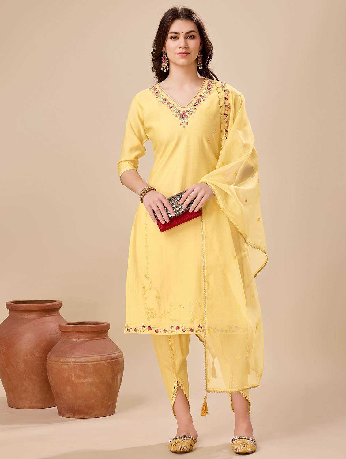women three quarter sleeve dhoti kurta with dupatta set