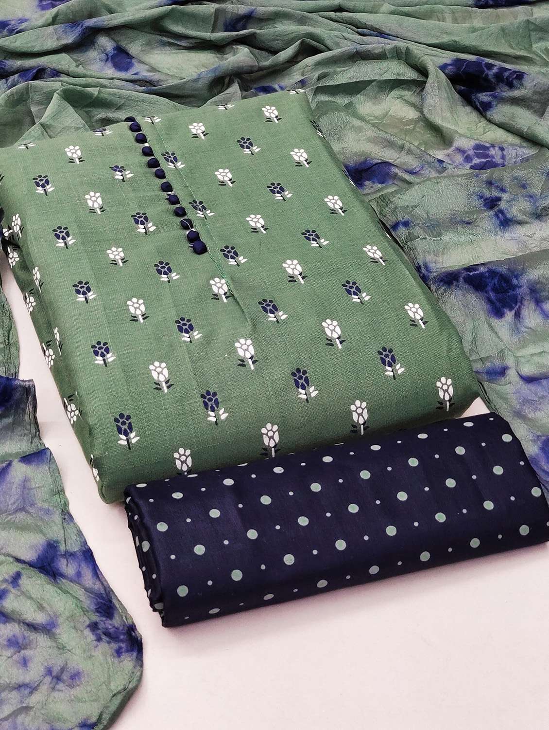 women green block printed unstitched suit