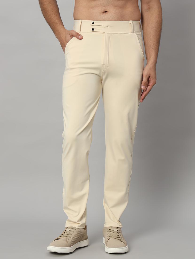 men solid flat front casual trouser