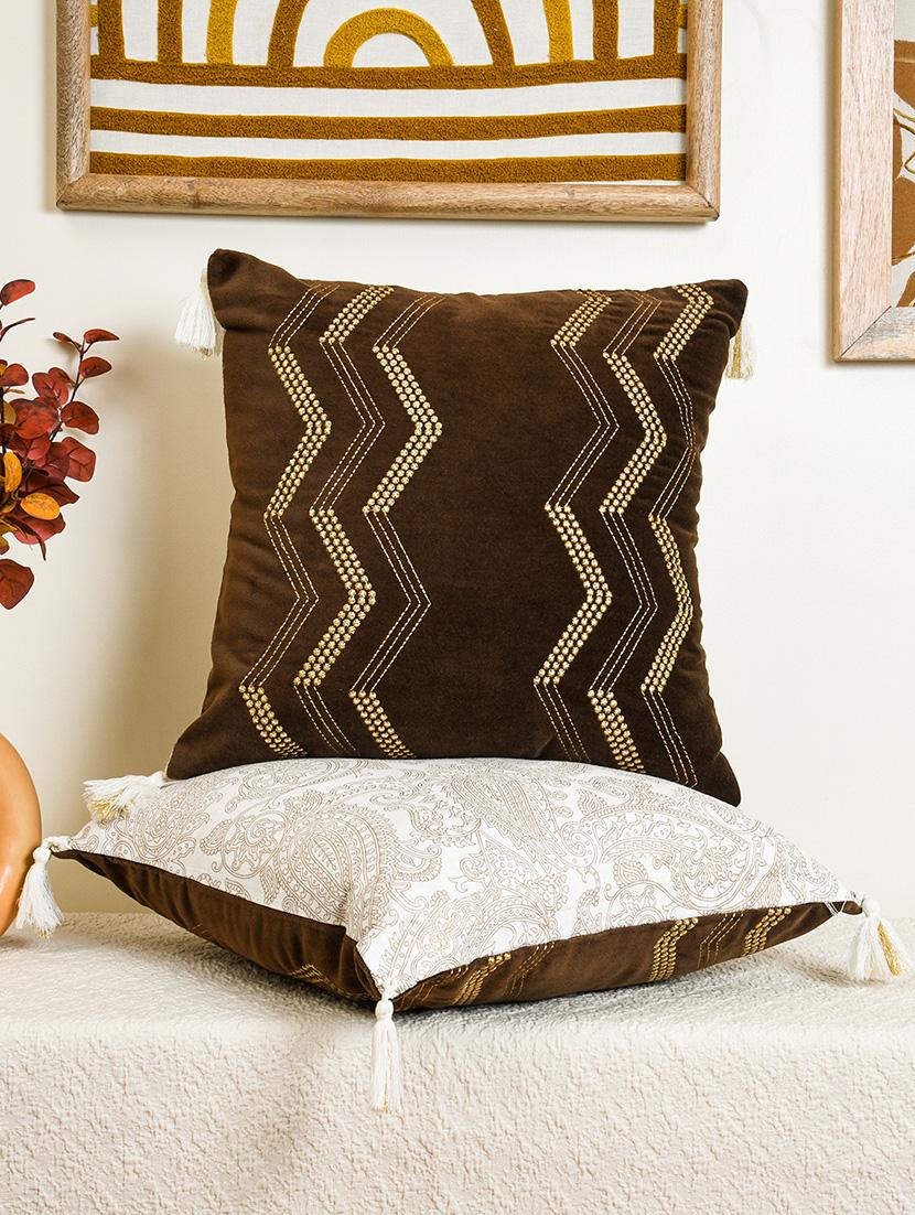 ratan cart brown velvet embroidery with gold zari work 16x16 inch cushion cover set of 2
