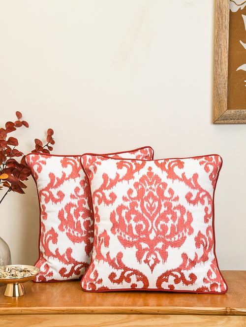 ratan cart peach cotton ikat embroidery 16x16 inch cushion cover set of 2 - 21140164 - Standard Image - 0