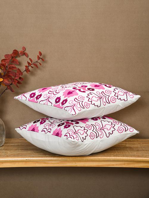 ratan cart pink cotton ikat floral embroidery 16x16 inch cushion cover set of 2 - 21140165 -  Standard Image - 0