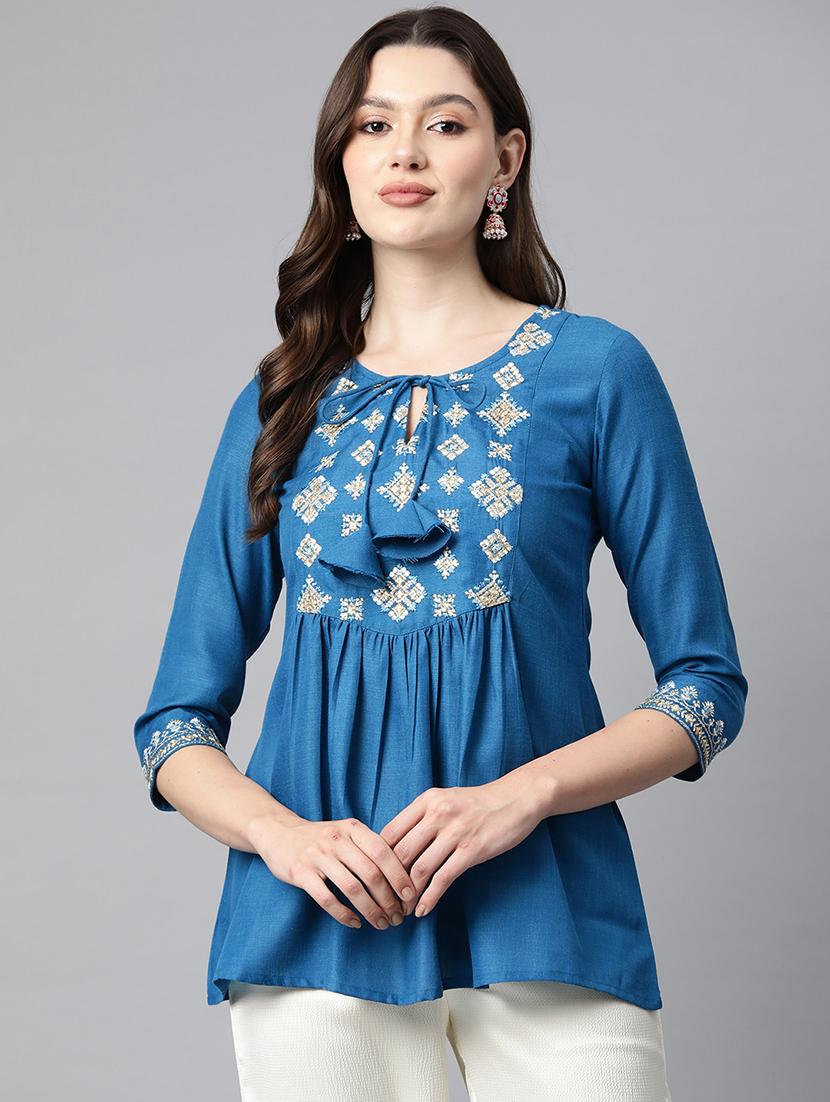 women blue embroidered a-line kurti - 21142496 - Zoom Image - 0