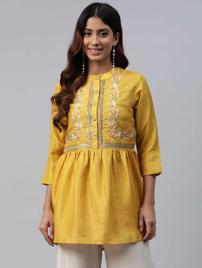 yellow embroidered detailed kurti