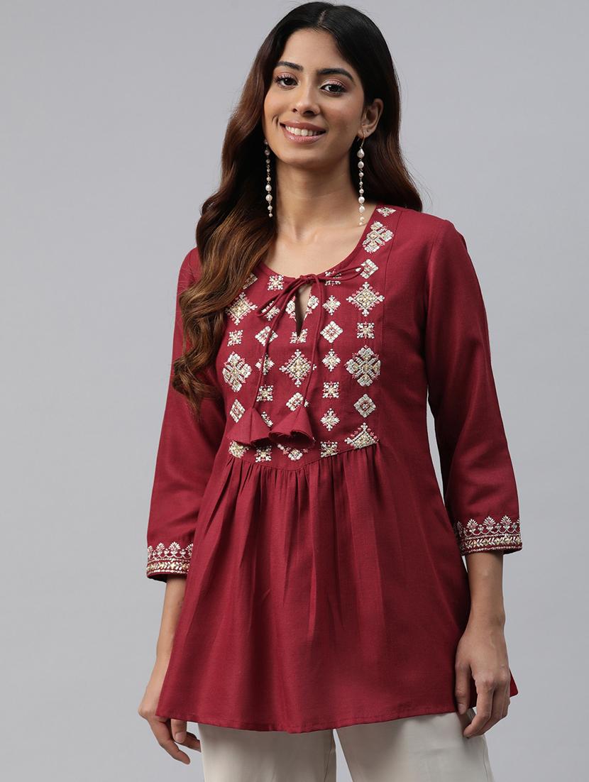 maroon embroidered detailed kurti