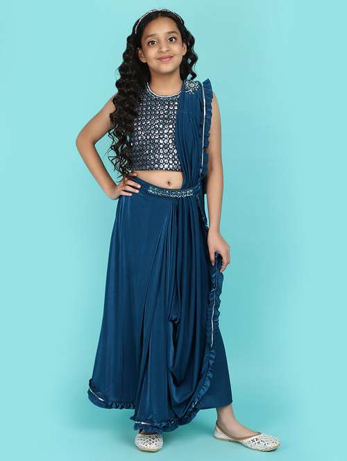 girls teal sequins & mirror work fusion set - 21143108 -  Standard Image - 0
