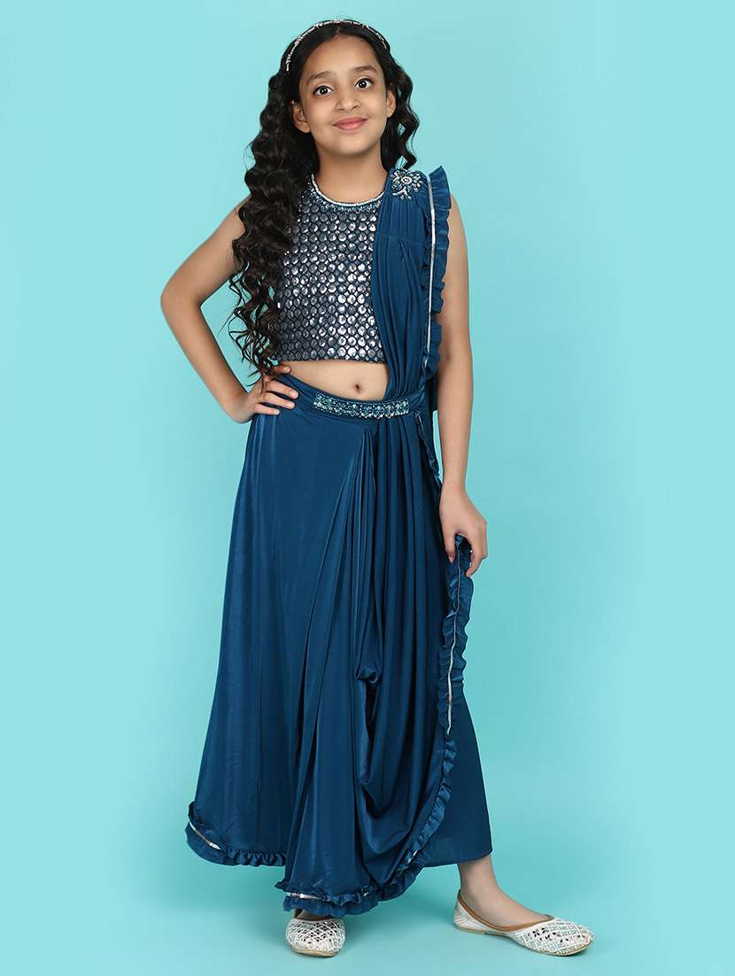 girls teal sequins & mirror work fusion set
