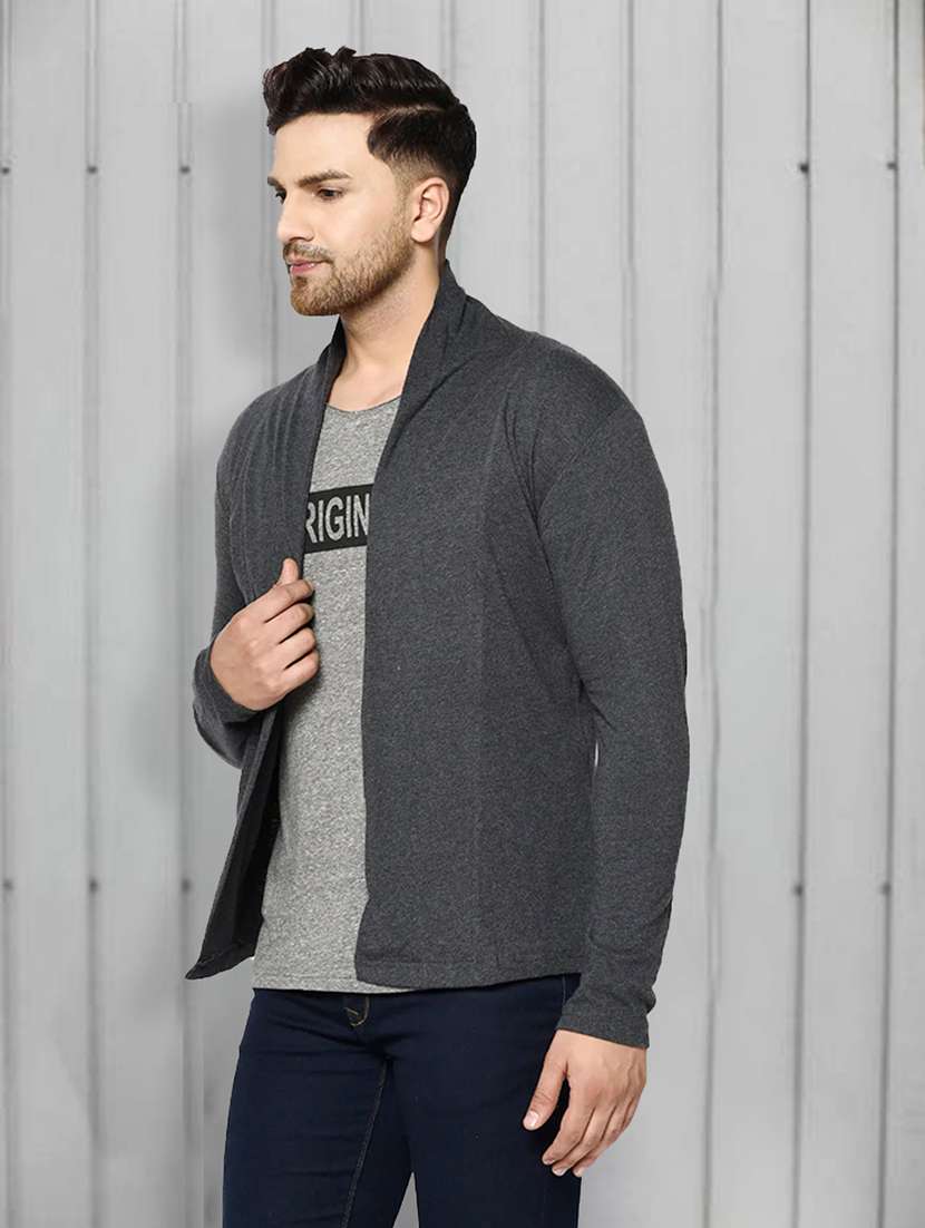 men charcoal numeric back print cotton full sleeve open cardigan - 21143591 -  Standard Image - 2