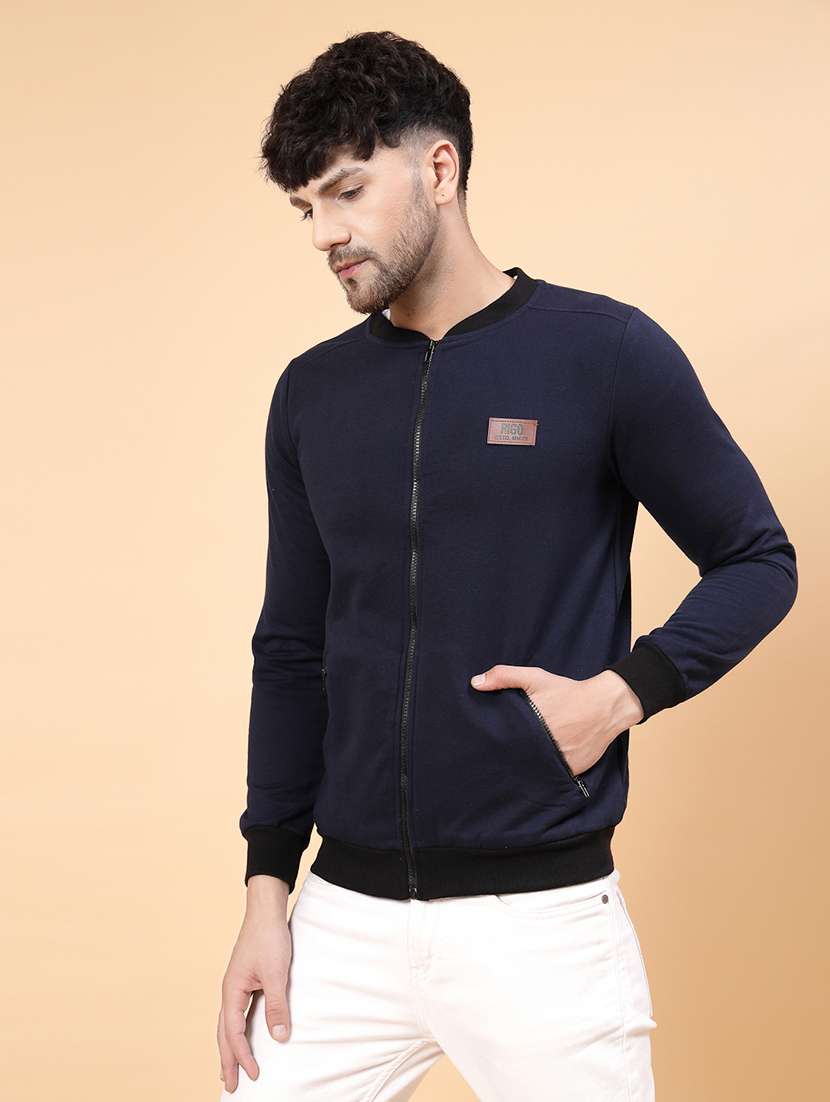 men navy blue solid long sleeve casual jacket
