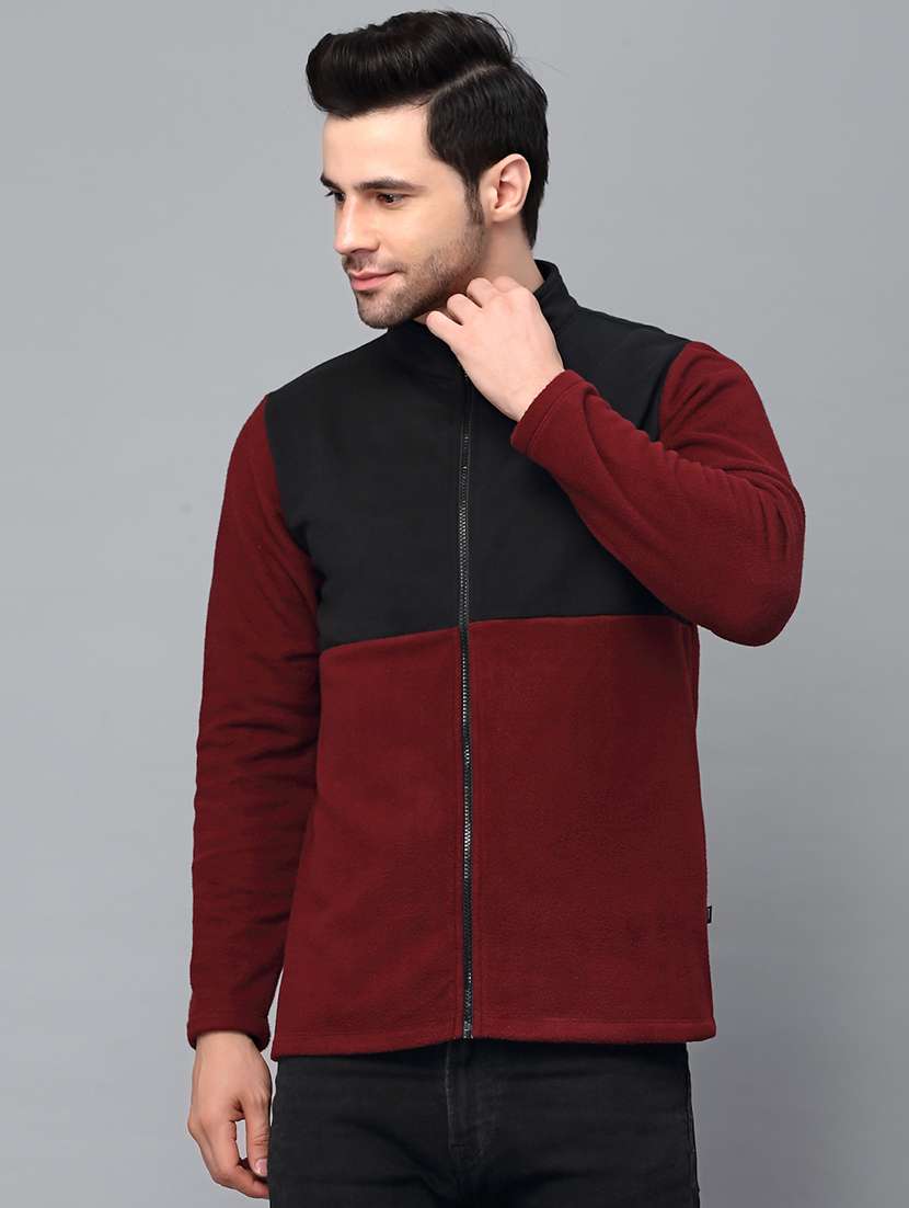 maroon color block fleece casual jacket