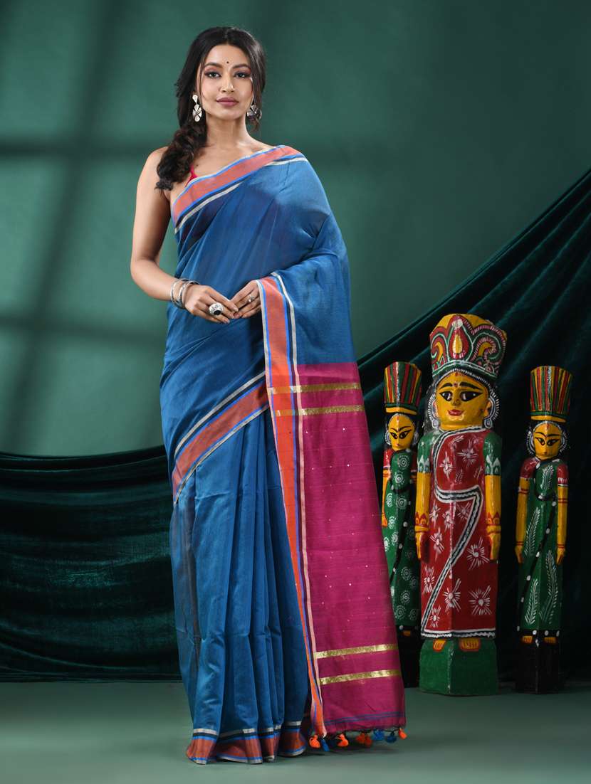 women blue handloom saree with blouse