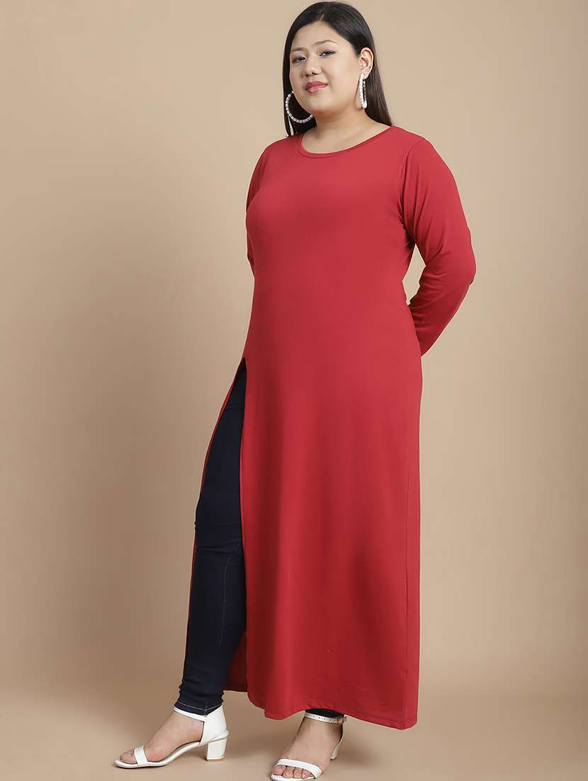maroon cotton blend high slit tunic - 21144760 - Standard Image - 2