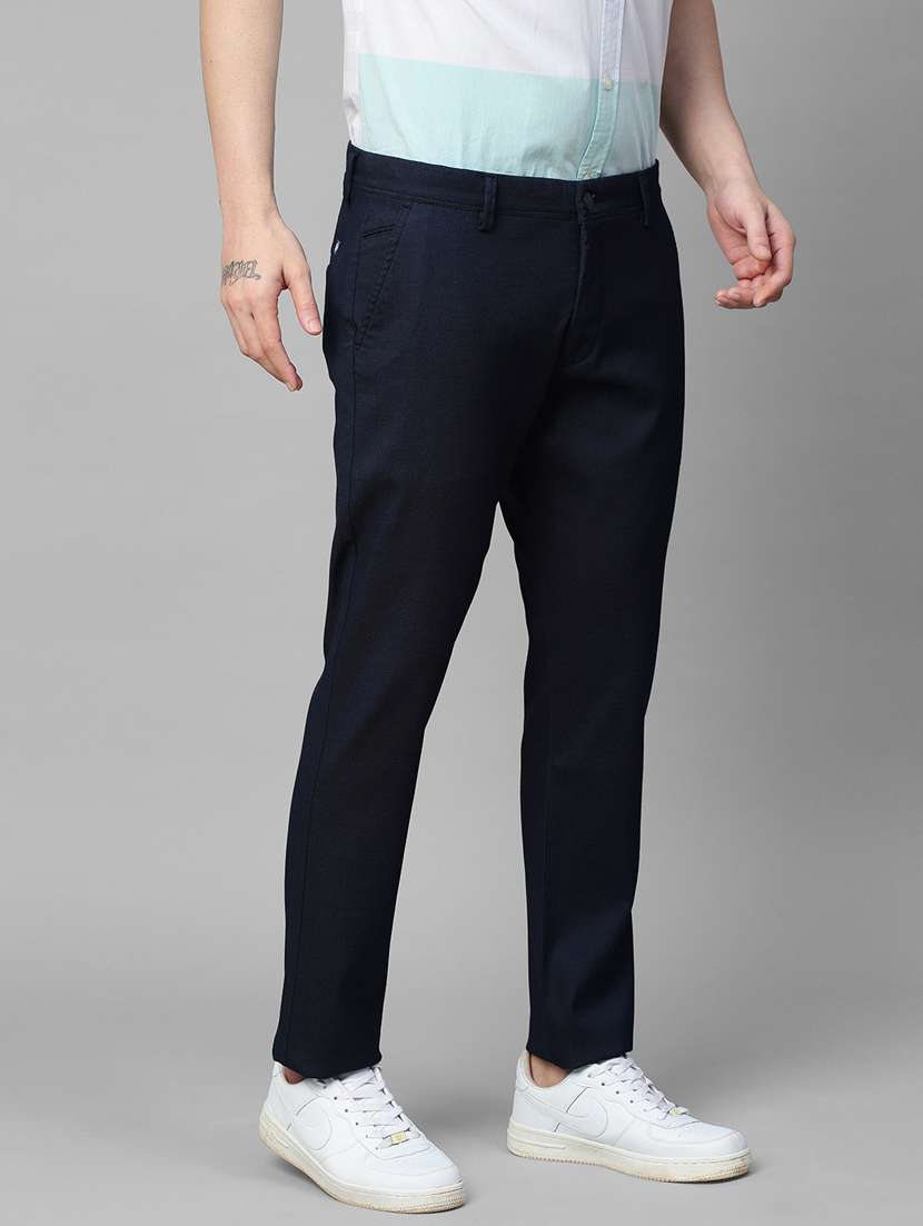 men navy blue solids flat front casual trousers - 21144880 - Standard Image - 2