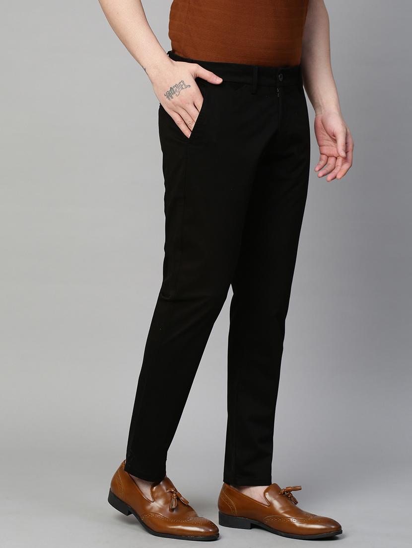 men black solids flat front casual trousers - 21144905 - Standard Image - 2