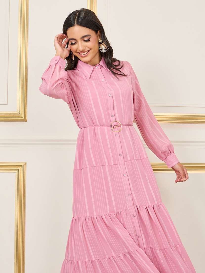 women striped collared tiered dress - 21144956 -  Standard Image - 2