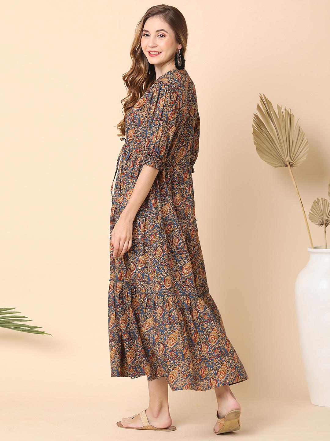 globus women blue all over printed puff sleeves mandarin collar waist tie-up tiered maxi dress - 21144979 - Standard Image - 2
