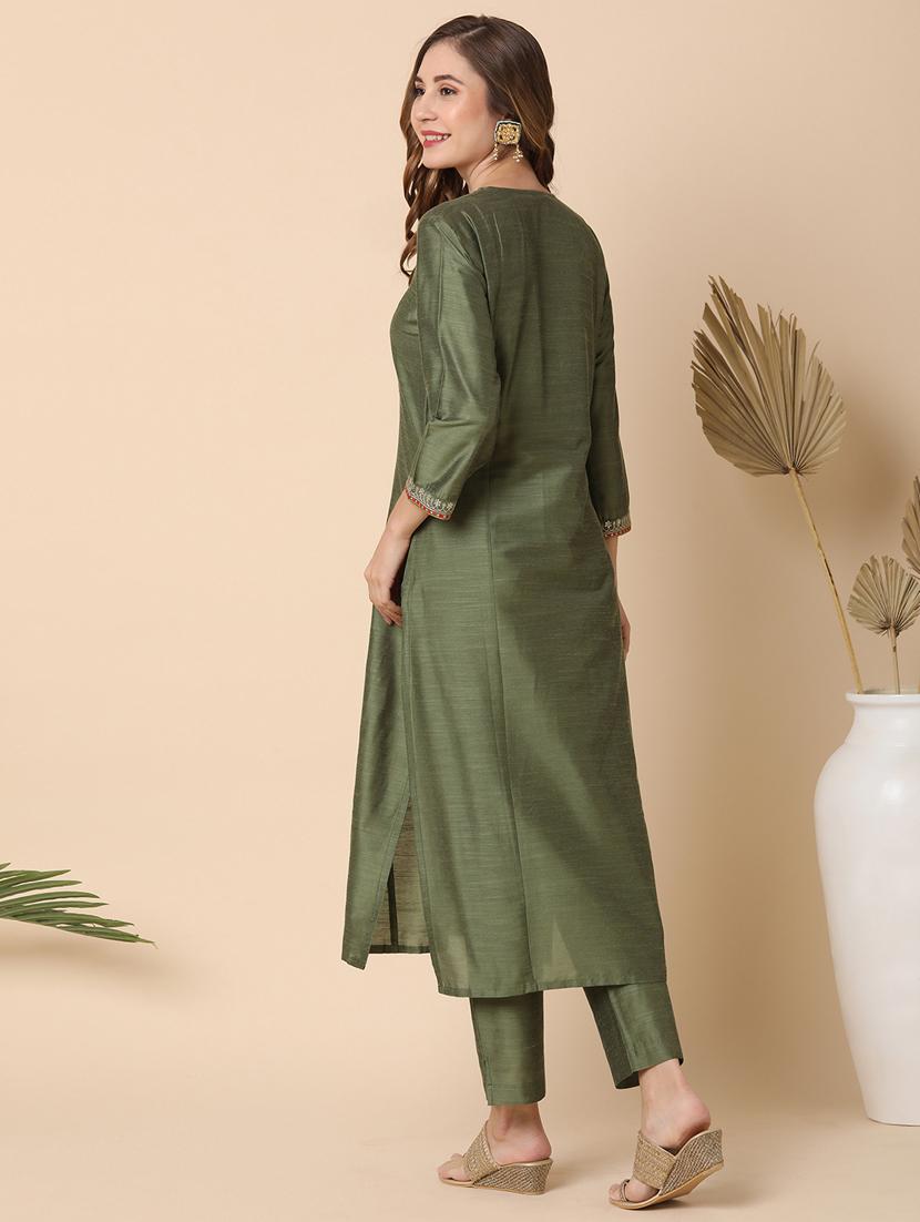 olive art silk kurta pant set - 21144984 - Standard Image - 2