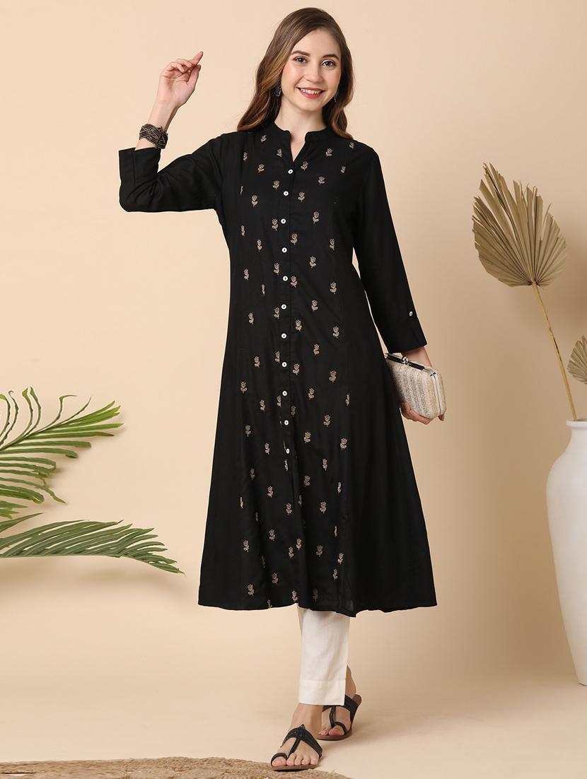 globus women black mandarin collar floral embroidered panelled a-line kurta - 21144990 - Zoom Image - 0