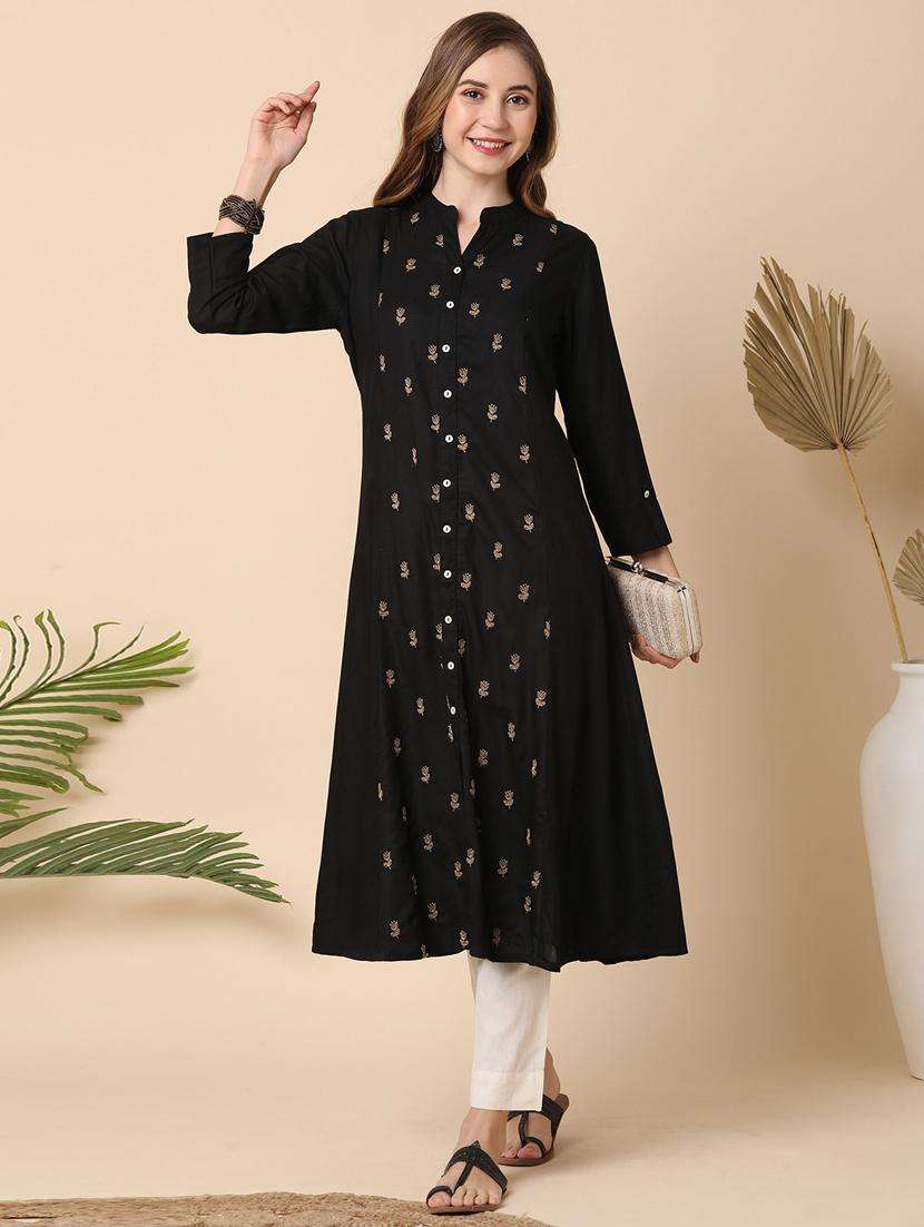 globus women black mandarin collar floral embroidered panelled a-line kurta