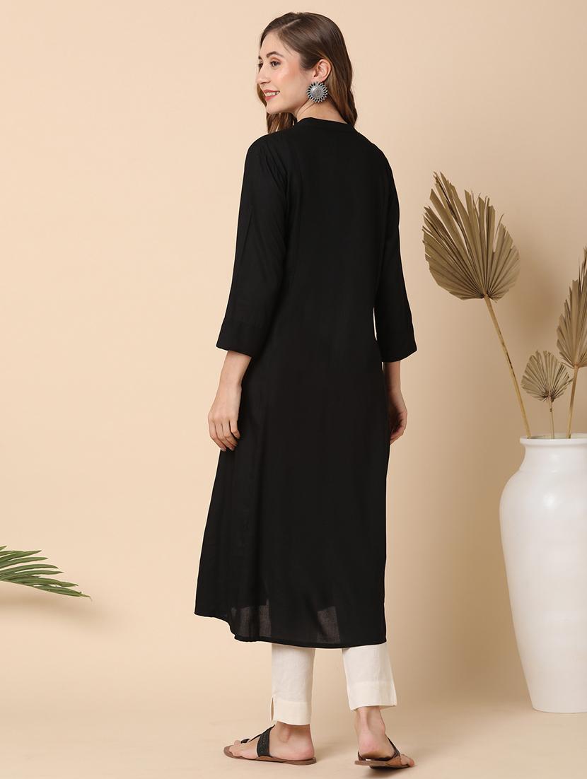 globus women black mandarin collar floral embroidered panelled a-line kurta - 21144990 - Standard Image - 2