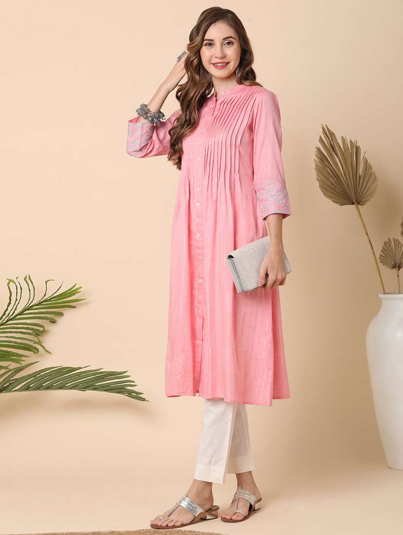 globus women peach mandarin collar embroidered sleeve button-down pleated a-line kurta