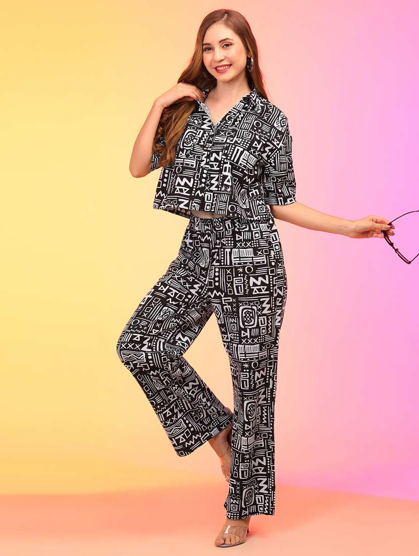 globus women black abstract print boxy shirt and trouser co-ord set