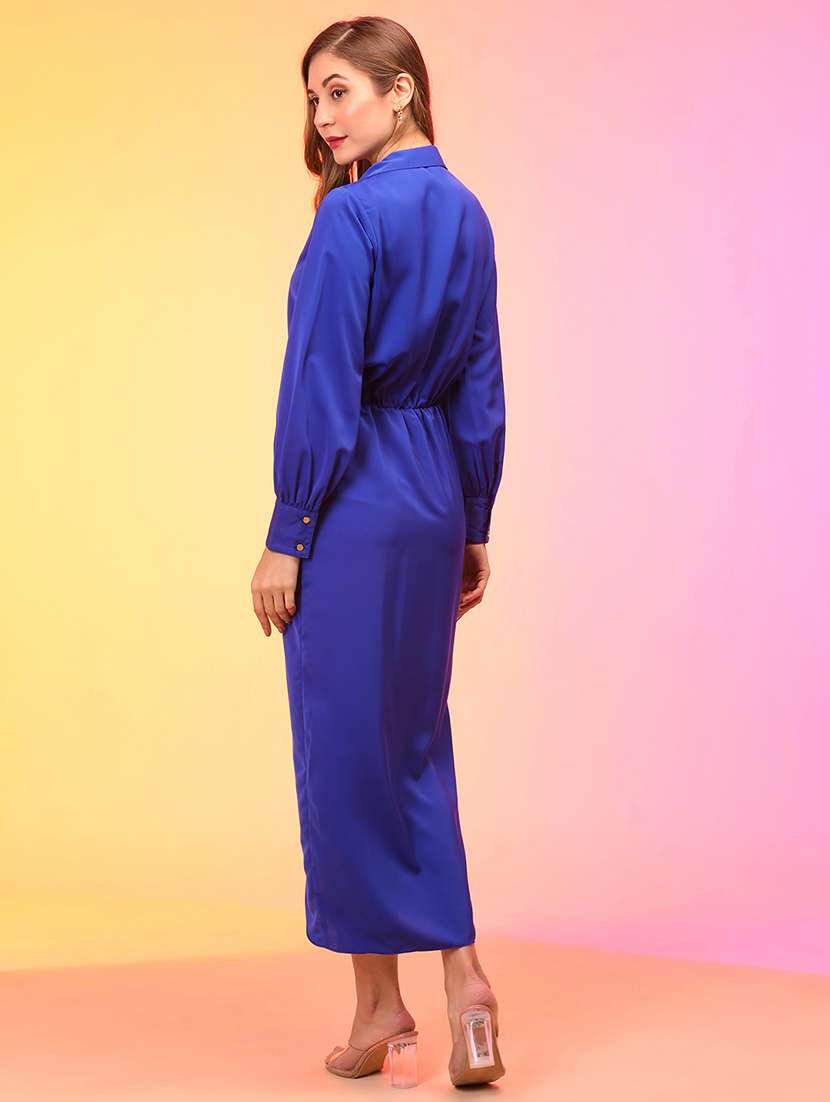 globus women blue wrap neck shitr collar cuff sleeves tulip maxi party dress - 21145001 -  Standard Image - 2