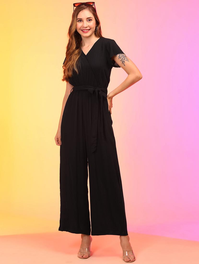 globus women black tie & dye v-neck wrap waist tie-up jumpsuit - 21145018 -  Zoom Image - 0