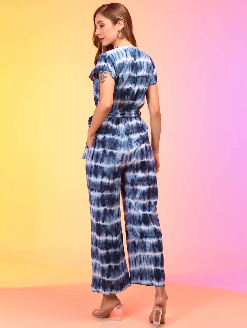 globus women blue tie & dye v-neck wrap waist tie-up jumpsuit - 21145019 -  Standard Image - 2