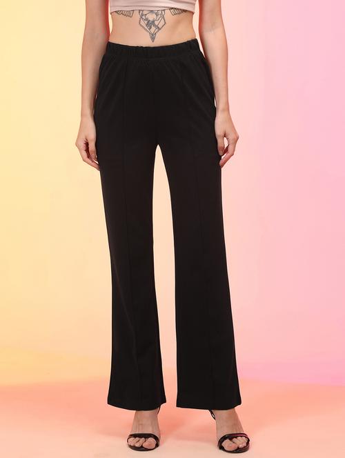 globus women black high-rise elasticated waist  stretchable bootcut trousers - 21145021 -  Standard Image - 0