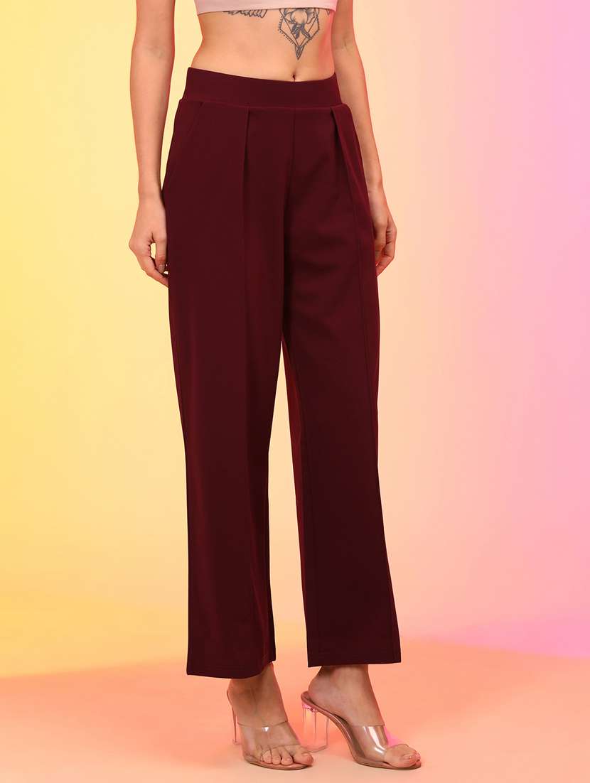 solid maroon wide leg trouser - 21145022 -  Standard Image - 2