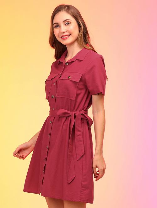 solid maroon button detailed dress - 21145025 -  Standard Image - 0