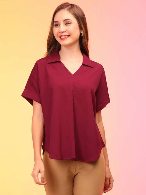 globus women maroon shirt collar v-neck regular top - 21145048 - Standard Image - 0