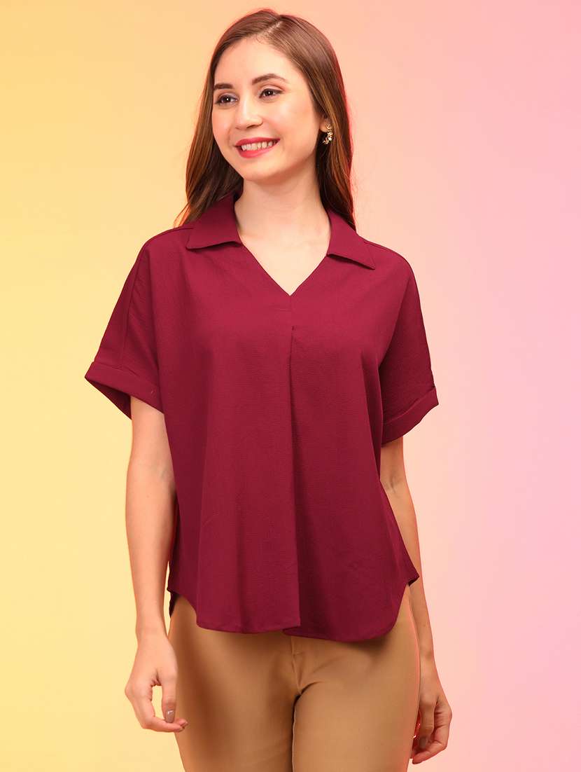 globus women maroon shirt collar v-neck regular top - 21145048 - Zoom Image - 0