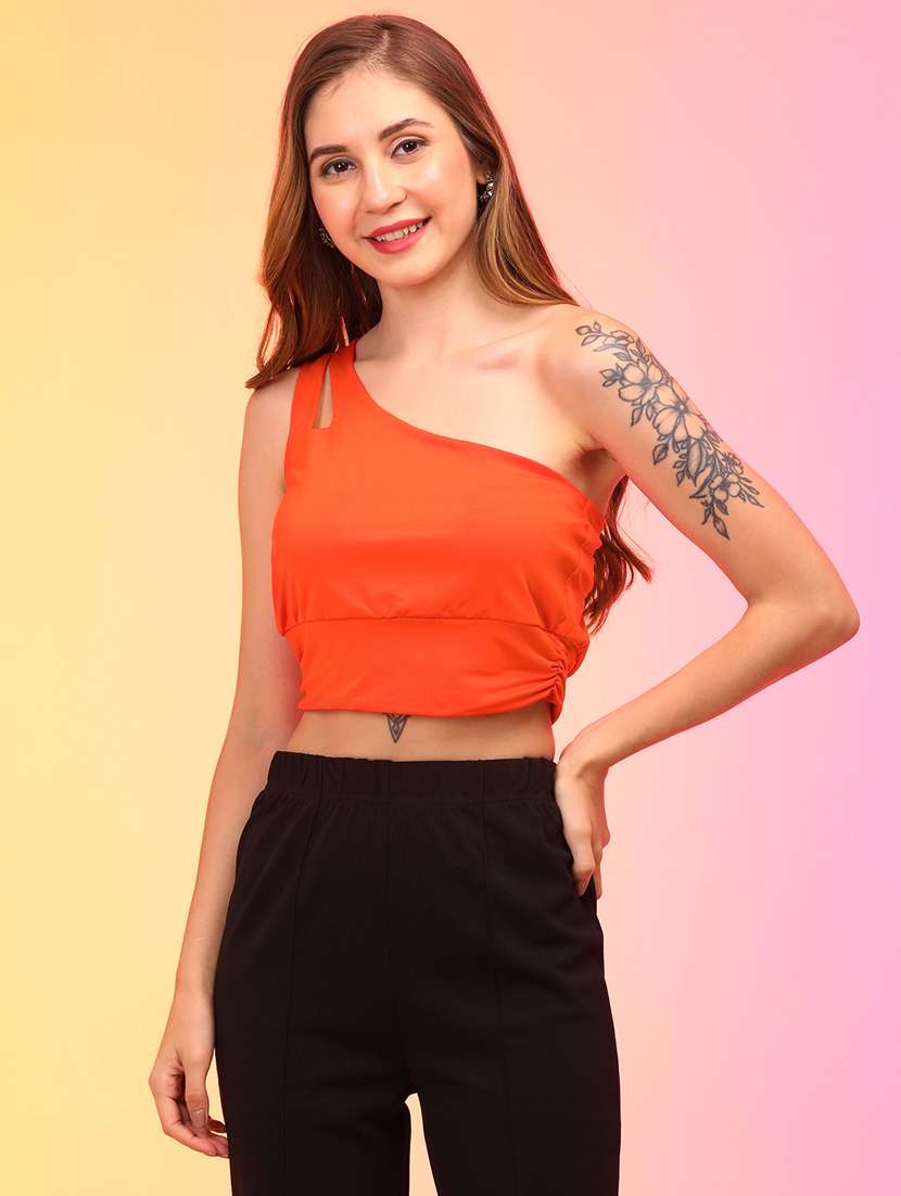 solid orange single shoulder crop top