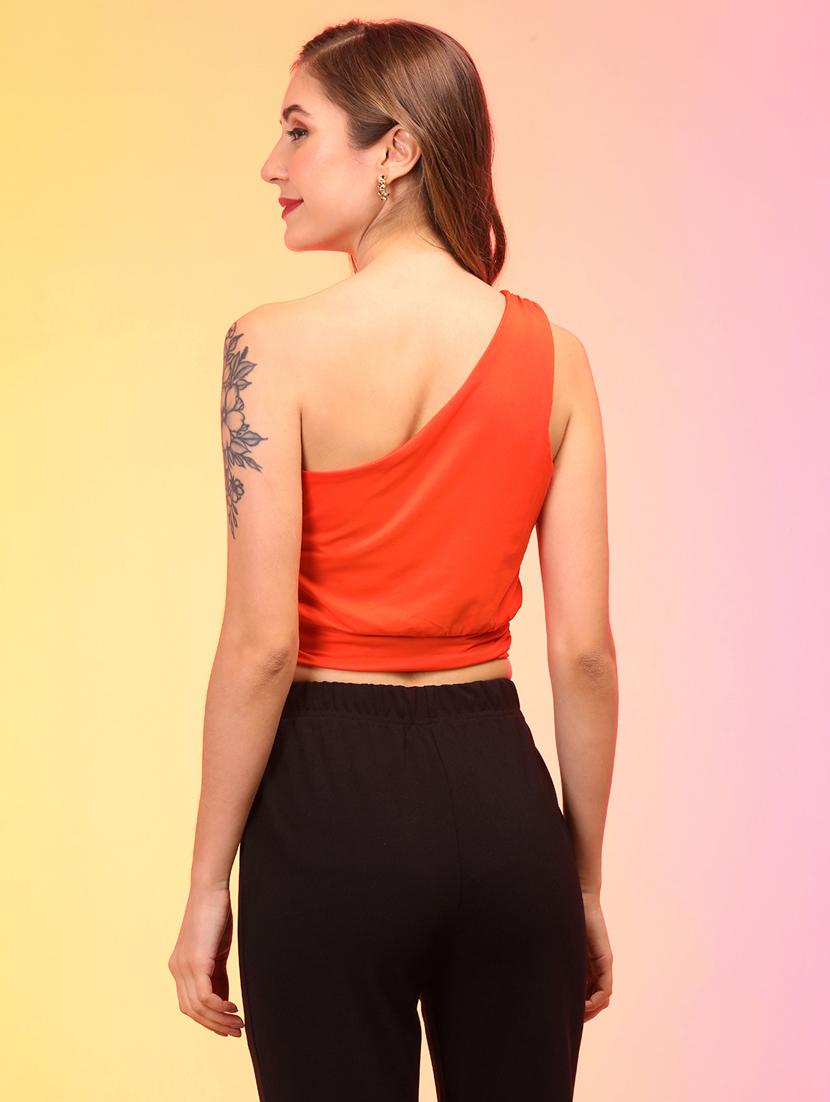 solid orange single shoulder crop top - 21145053 - Standard Image - 2