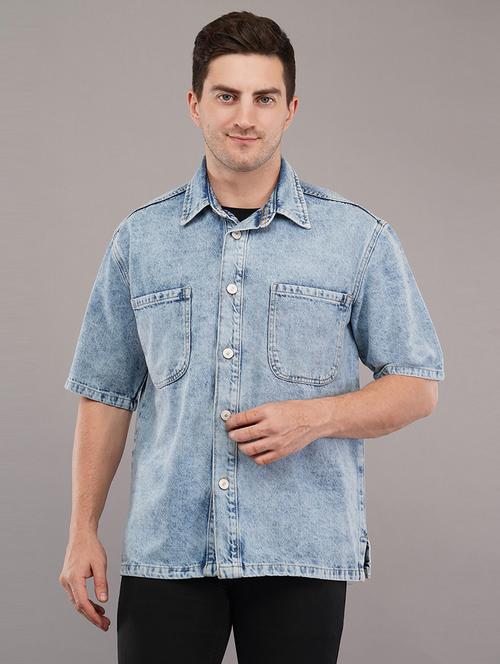 solid light blue denim casual shirt - 21145167 -  Standard Image - 0