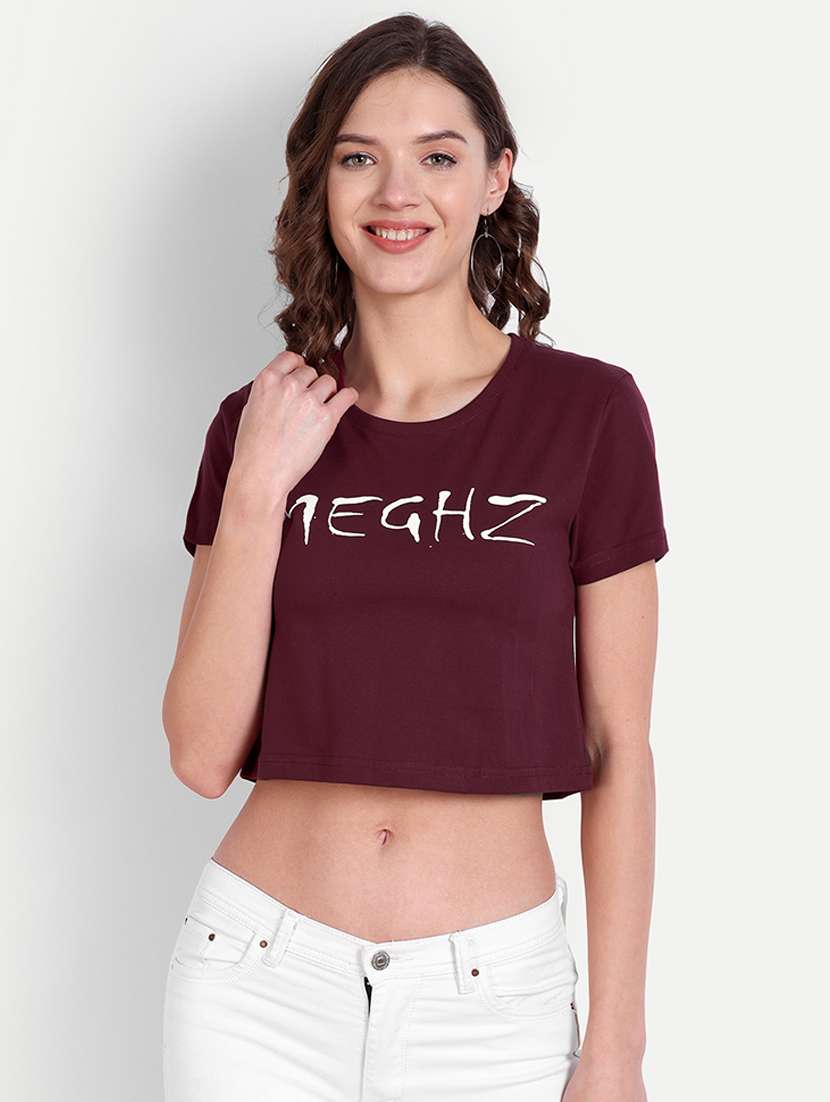 burgundy chest printed crop t-shirt