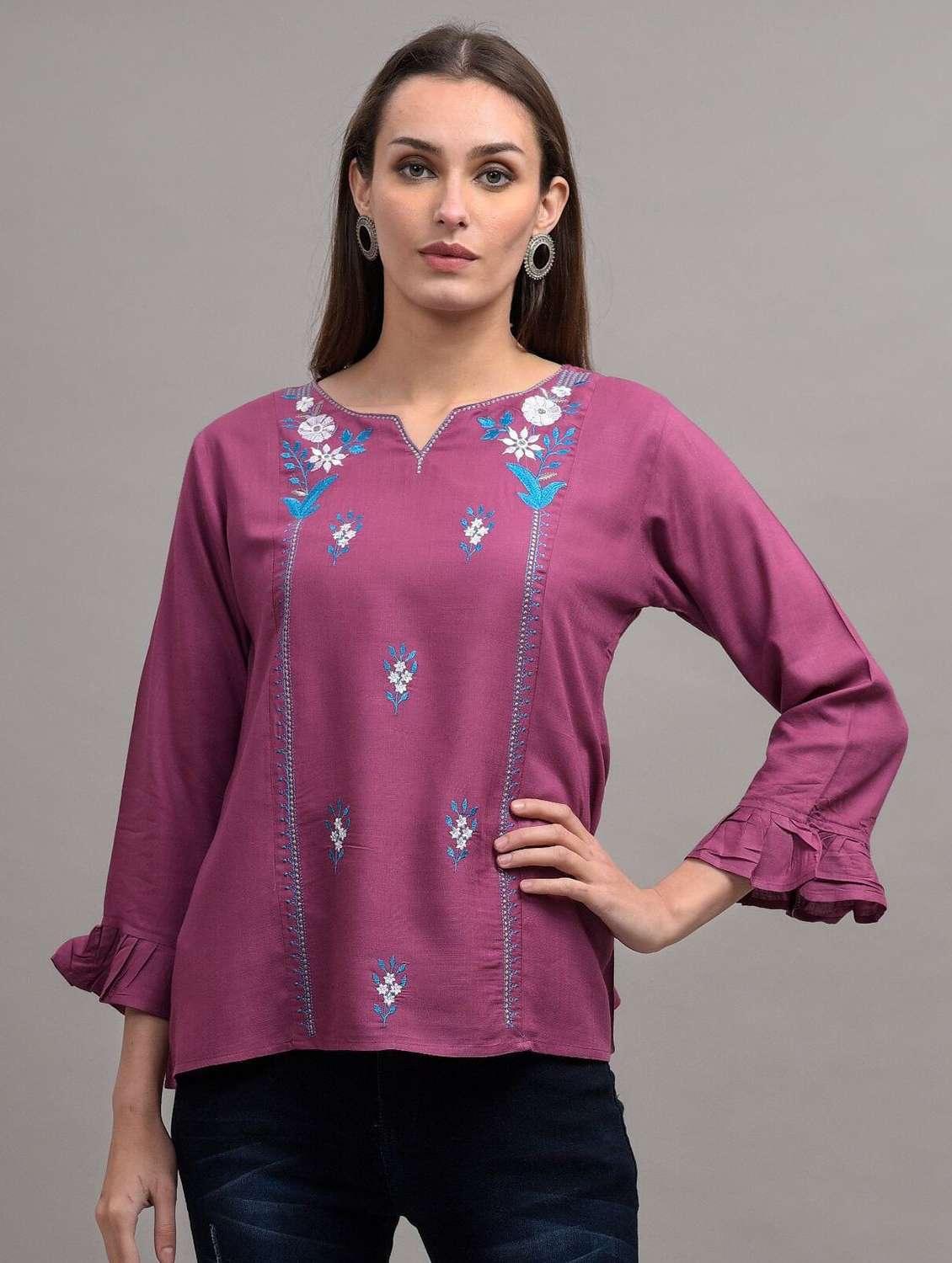 purple embroidered detailed regular top